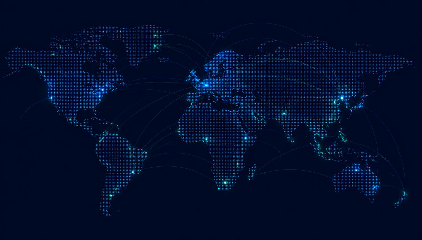 Dotted world map with trade corridors between regions
